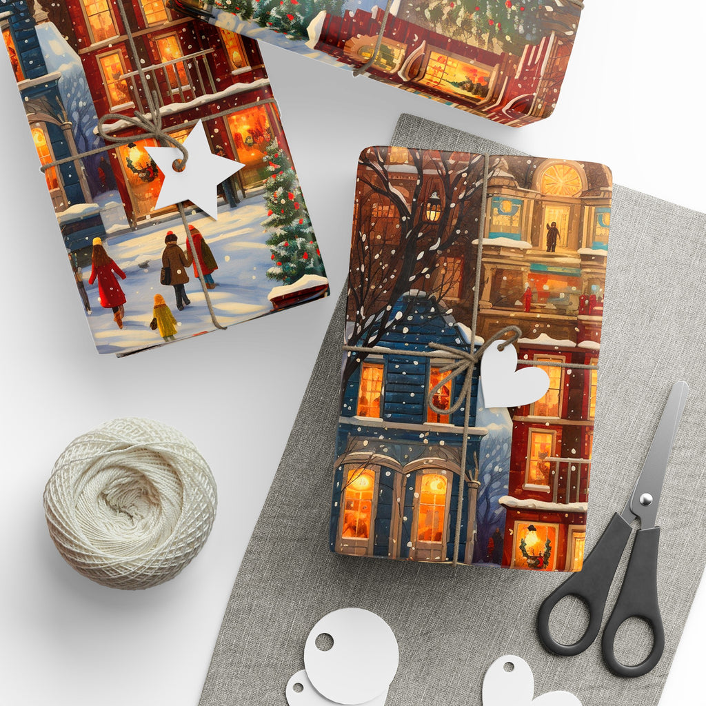 Snowy Winter Town Wrapping Paper Rolls | Nostalgic Vintage Christmas Gift Wrap