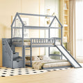 Bunk Bed, Twin Size Over Full, Gray, With Slide, Playroom