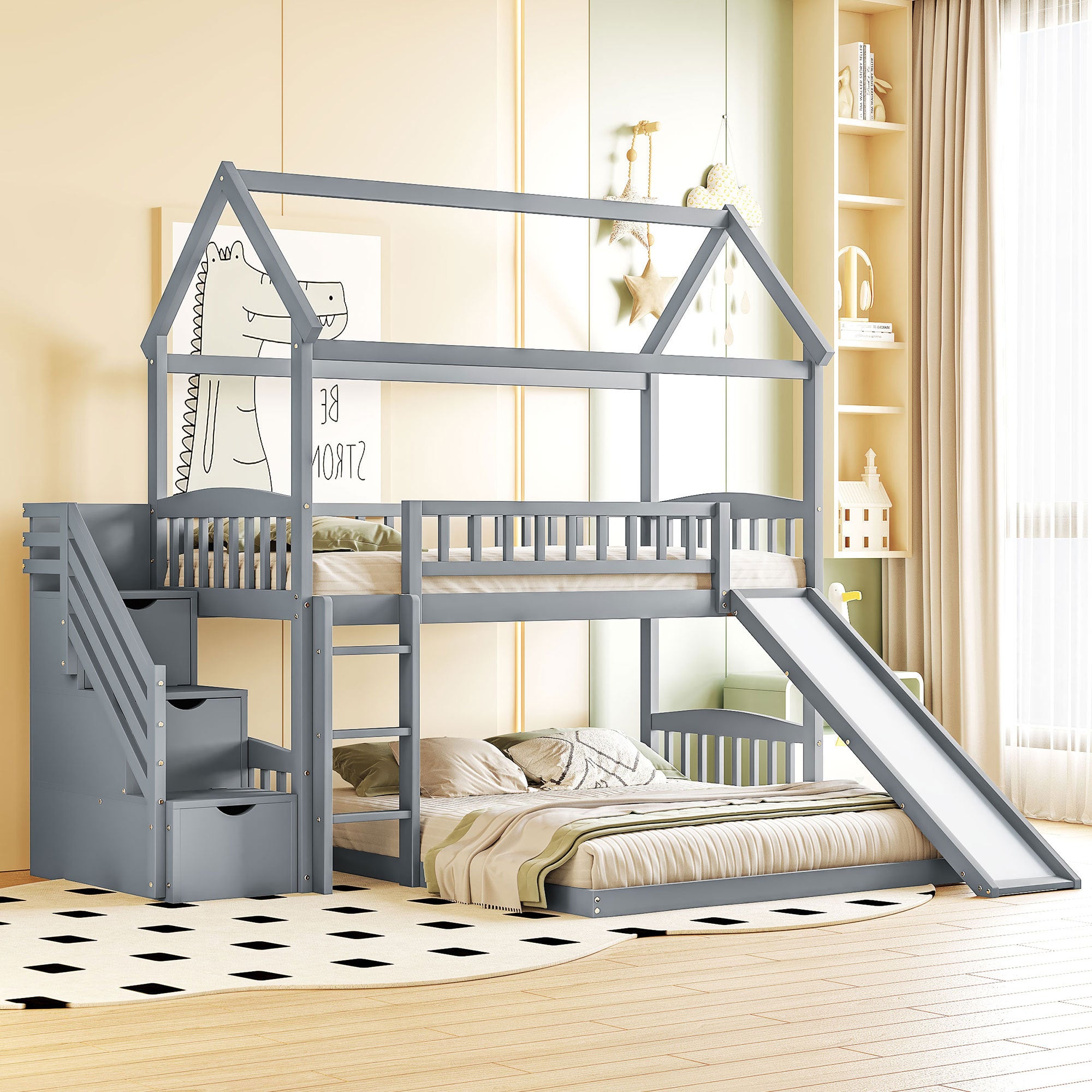 Bunk Bed, Twin Size Over Full, Gray, With Slide, Playroom