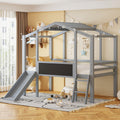 Twin Size Loft Bed with Ladder and Slide, House Bed with Blackboard and Light Strip on the Roof, Gray
