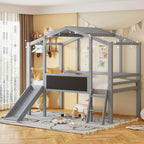 Twin Size Loft Bed with Ladder and Slide, House Bed with Blackboard and Light Strip on the Roof, Gray