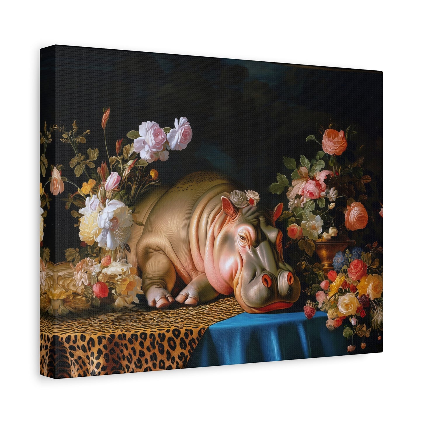 Whimsical Hippo Canvas Art, Tranquil Home Decor Fine Art Print, Animal Wall Art, Unique Gift, Floral Decor, Cheetah Print