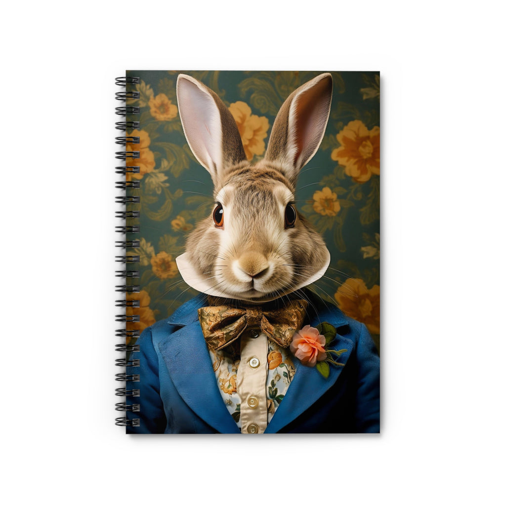 Rabbit Gentleman Spiral Notebook — Cute Vintage Bunny Journal, Floral Dapper Design (Ruled)