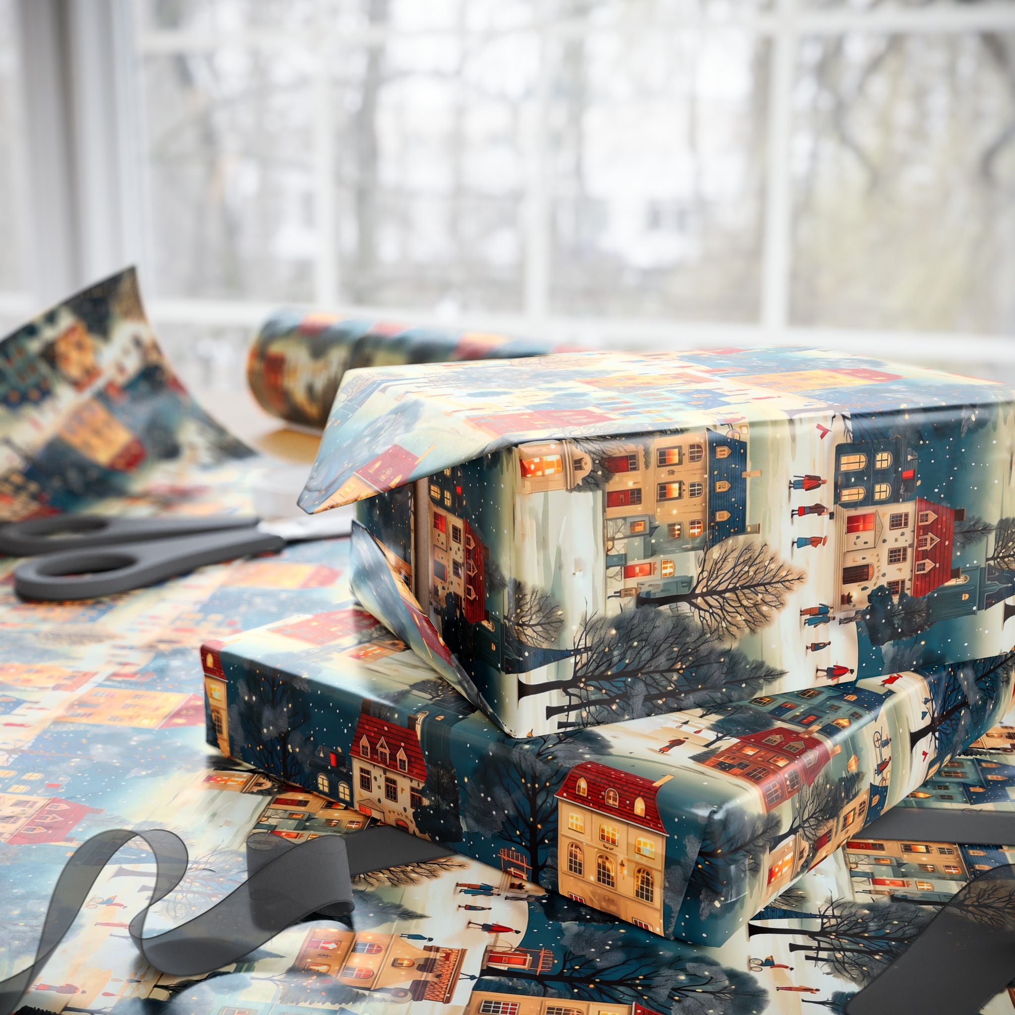 stack of gifts wrapping paper wrapped in winter scene