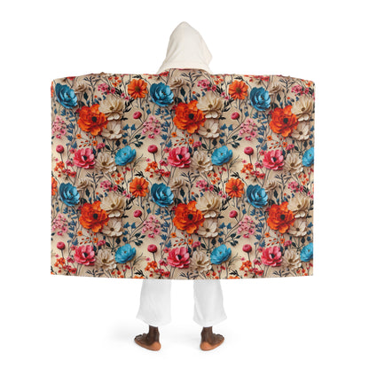 Vintage Floral Cable Knit Hooded Sherpa Blanket