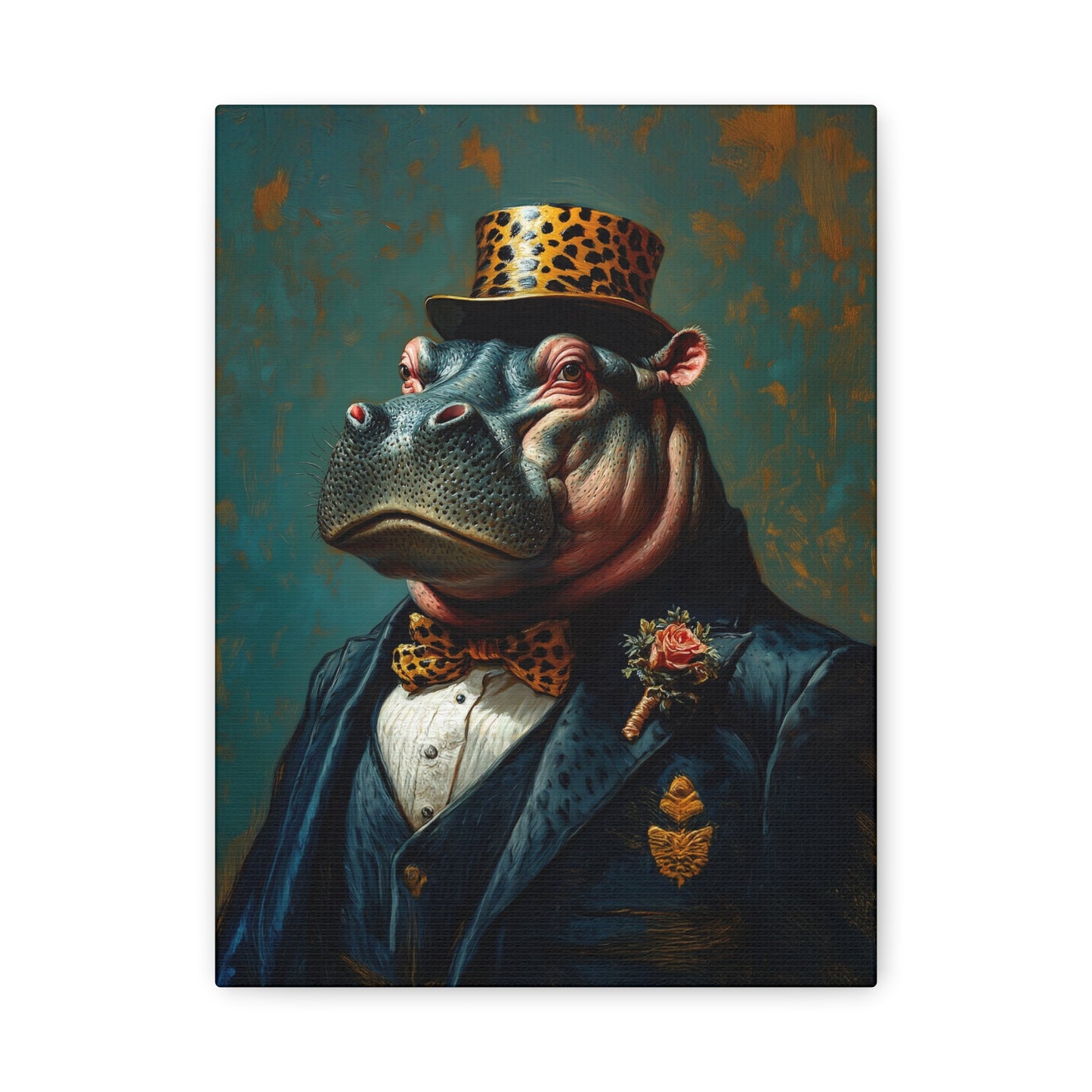 Dapper Hippo Canvas Art Print | Giclée Portrait of Hippo in Bow Tie & Top Hat | Whimsical Decor