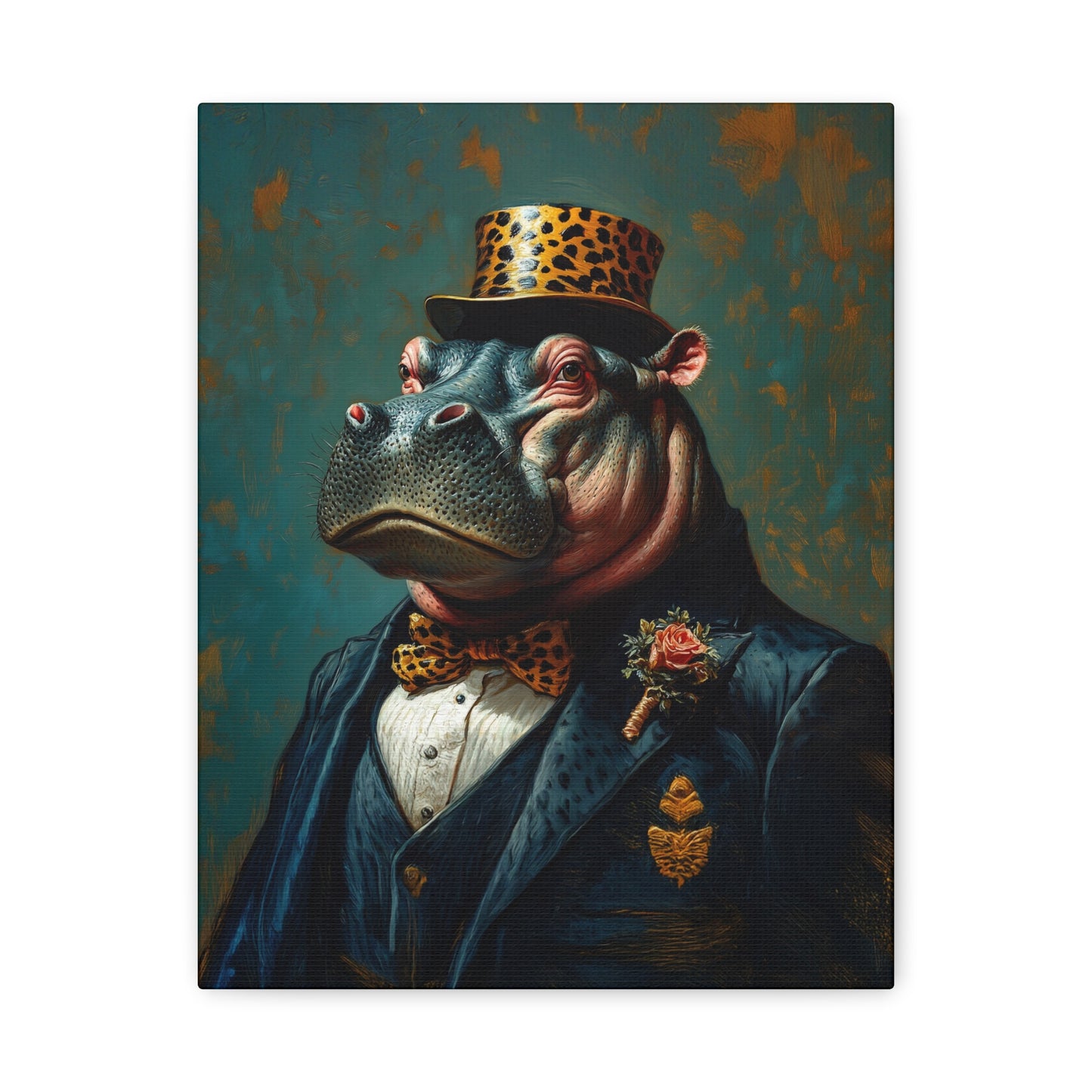 Dapper Hippo Canvas Art Print | Giclée Portrait of Hippo in Bow Tie & Top Hat | Whimsical Decor