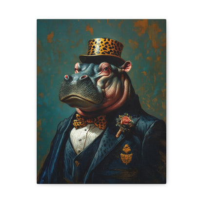 Dapper Hippo Canvas Art Print | Giclée Portrait of Hippo in Bow Tie & Top Hat | Whimsical Decor