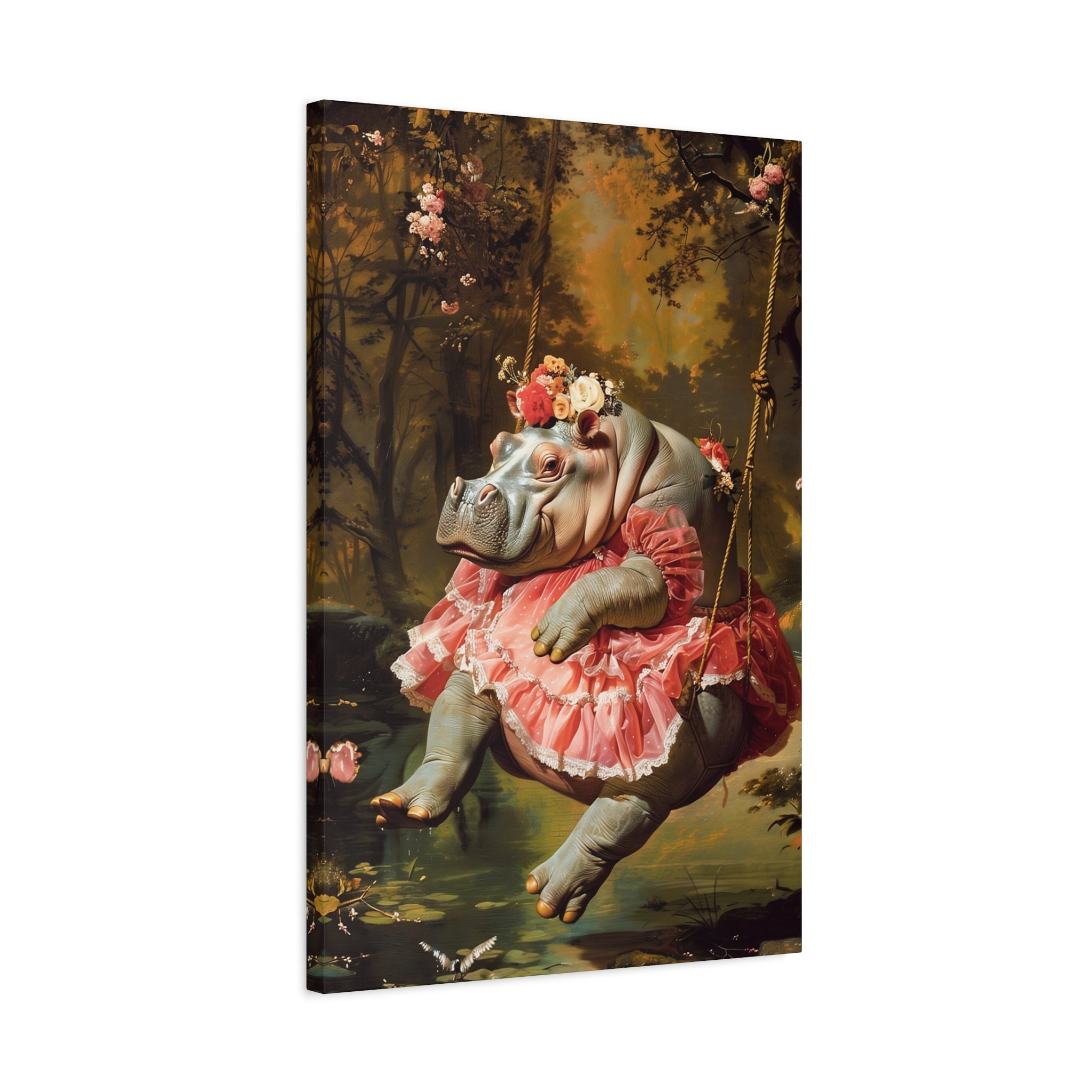 Lady Hippo on Swing Canvas Art Print | Rococo Style Art Stretched Canvas Print