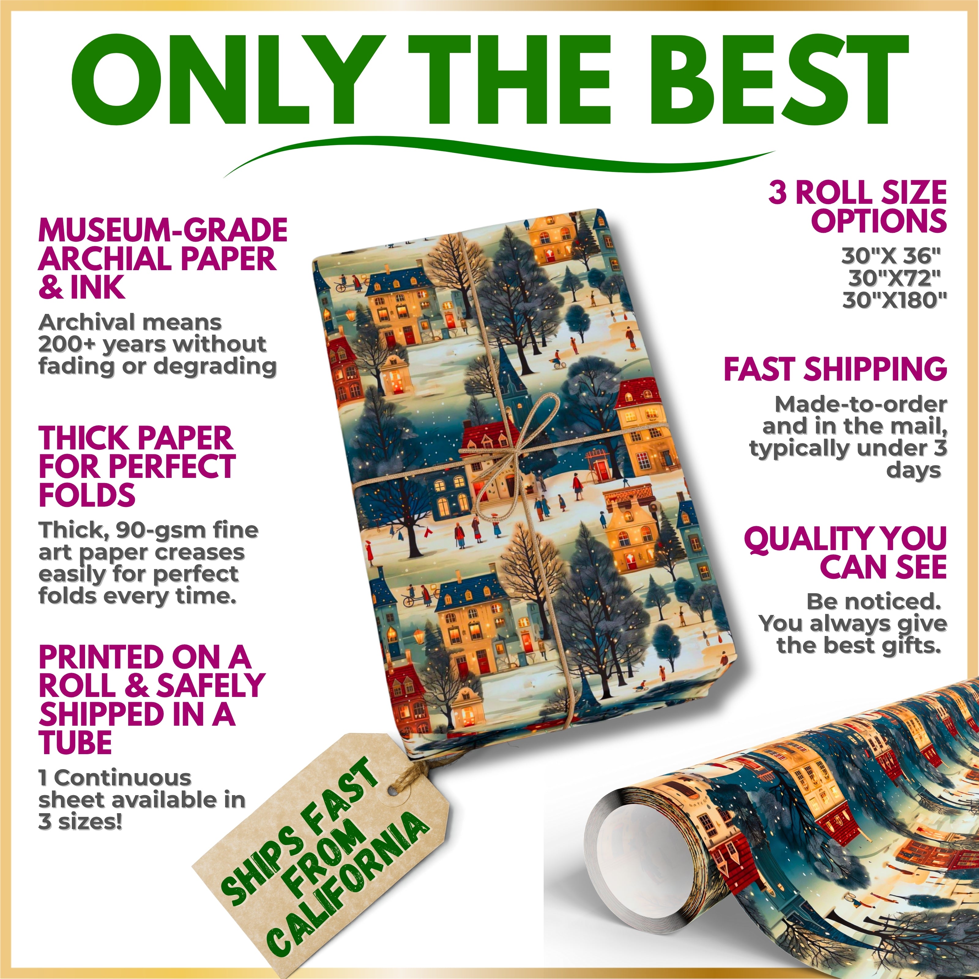 Advertisement for archival paper with scenic design, text highlighting features, and a tag indicating fast shipping from California.