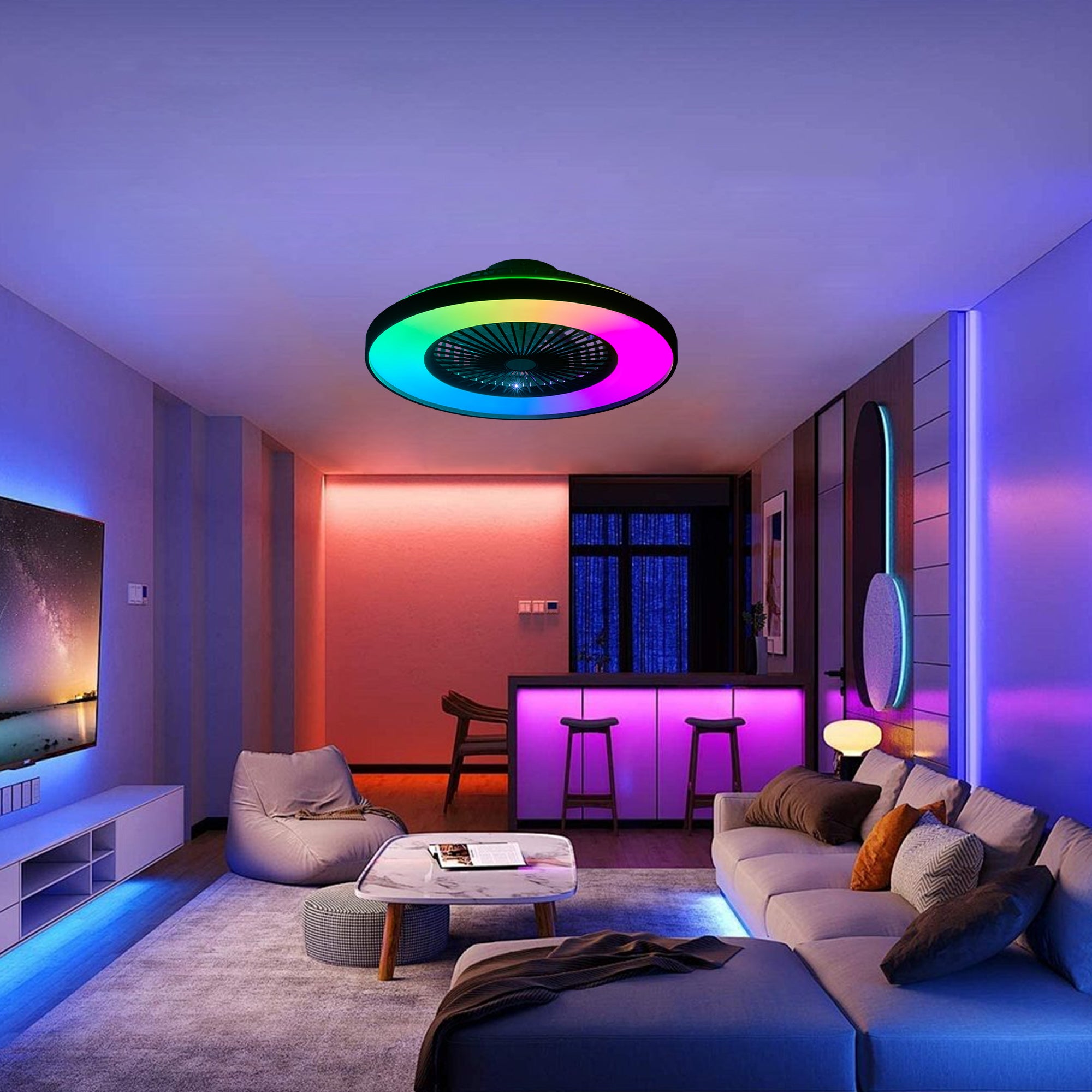 23-inch Black Ceiling Fan Light with LED RGB – Dimmable & Color-Changing, APP & Remote Control, Modern Smart Ceiling Fan for Living Room, Bedroom, and Dining Room (Silent/6-Speed/Reversible/DC Motor)