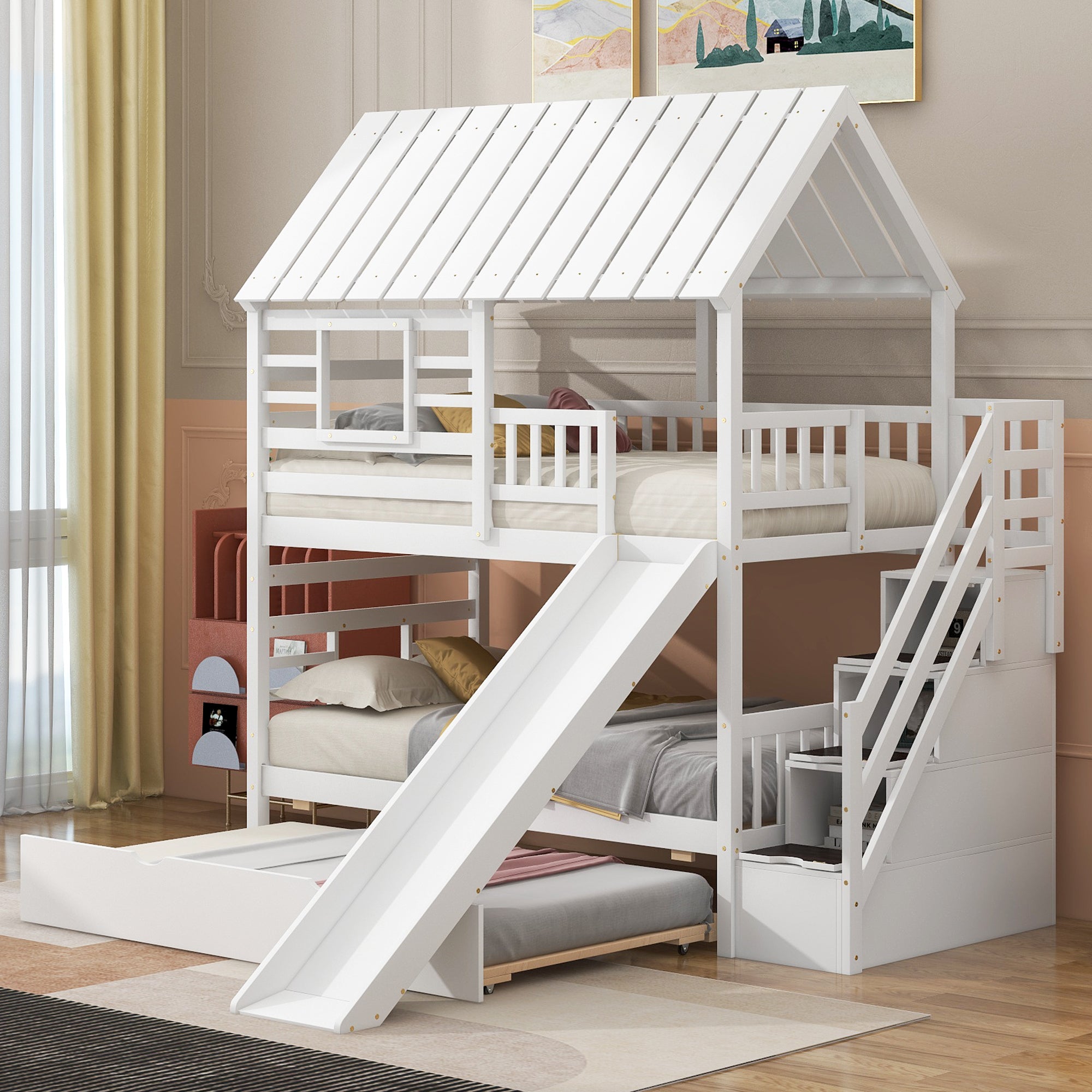 Twin Over Twin Bunk Bed, Twin Size, White, Trundle, Slide, Storage Staircase