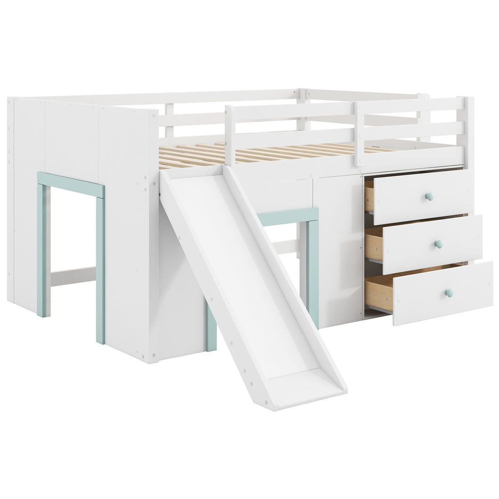 Modern White Full Size Low Loft Bed with Slide, Three Storage Drawers, and Two Doors – Pine Wood + MDF