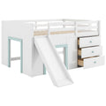 Modern White Full Size Low Loft Bed with Slide, Three Storage Drawers, and Two Doors – Pine Wood + MDF
