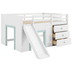 Modern White Full Size Low Loft Bed with Slide, Three Storage Drawers, and Two Doors – Pine Wood + MDF