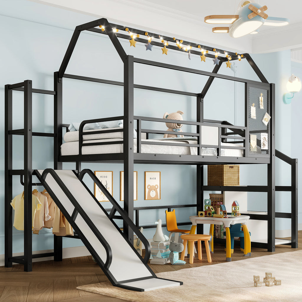 Loft Bed Twin size, Black, Playhouse Bed with Slide and Stairs, Storage Shelves