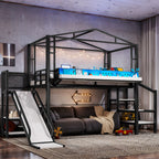 Twin Size Loft Bed with Storage Stairs, Shelves and Built-in Wardrobe, Metal Loft Bed Frame with USB Ports and LED Lights, Noise-reduced Design, Black