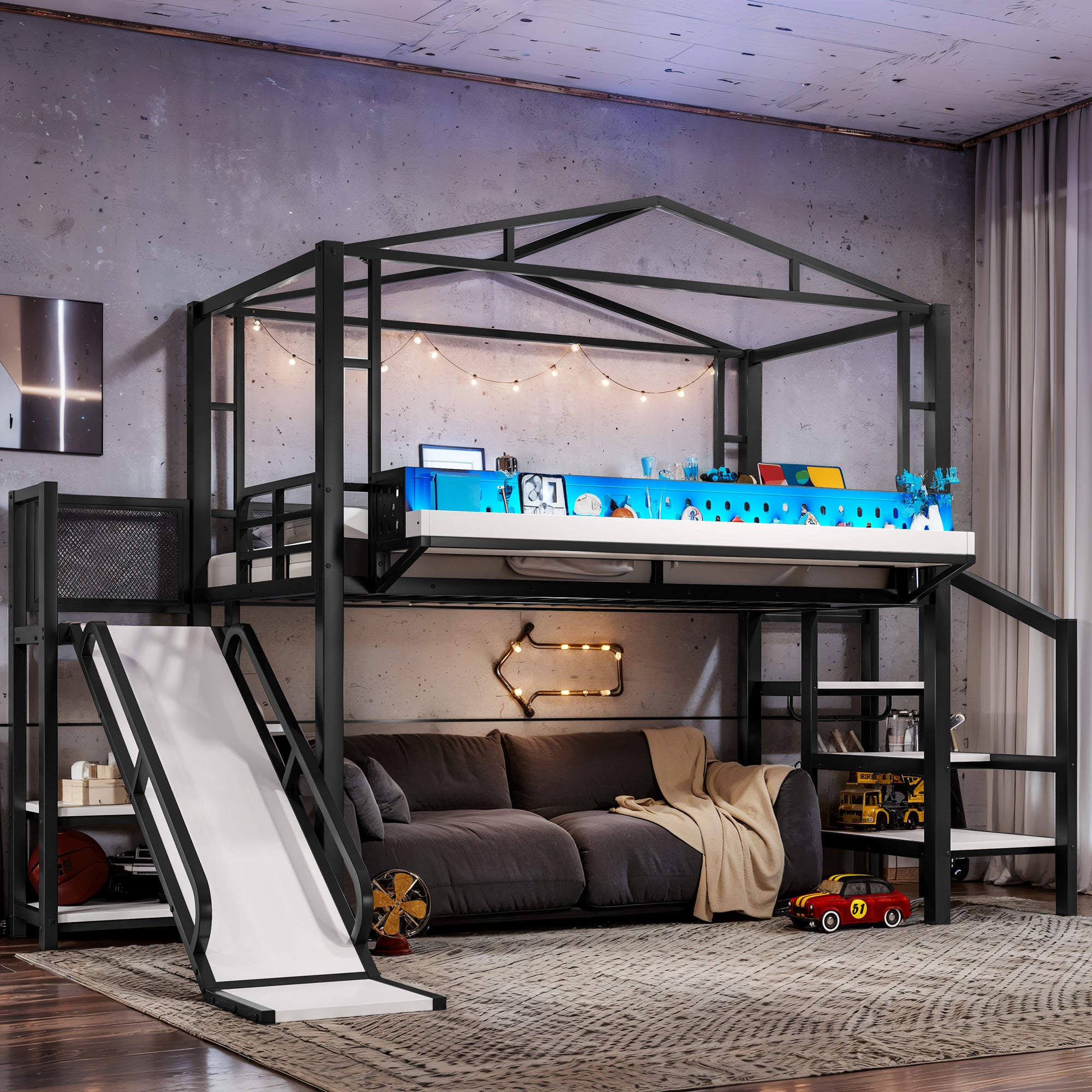 Twin Size Loft Bed with Storage Stairs, Shelves and Built-in Wardrobe, Metal Loft Bed Frame with USB Ports and LED Lights, Noise-reduced Design, Black
