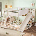 Queen Size Loft Bed with upholstered headboard and storage shelves, complete with ladder and slide, Beige