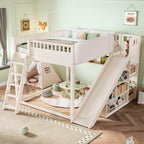 Queen Size Loft Bed with upholstered headboard and storage shelves, complete with ladder and slide, Beige