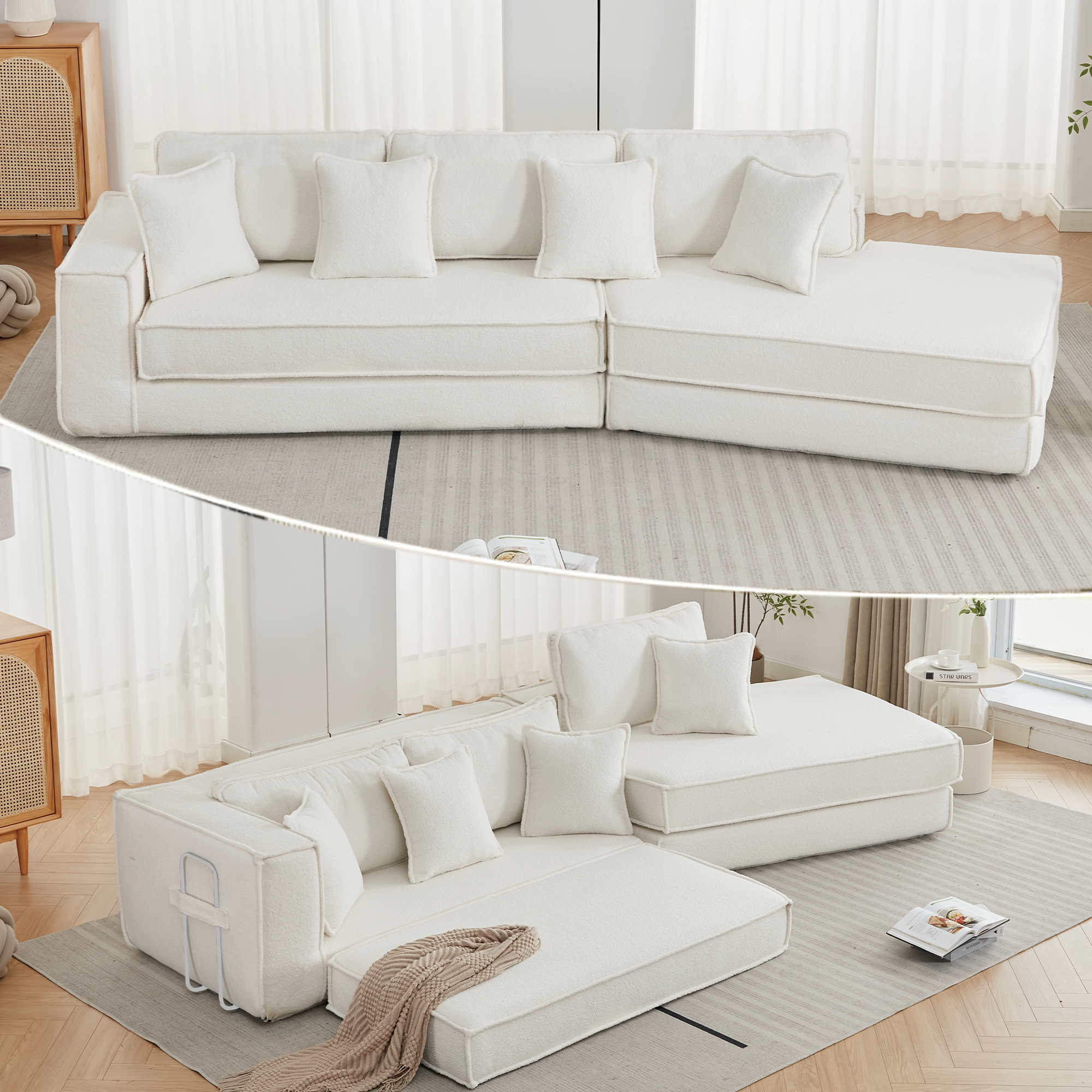 [NEW ARRIVED] [VIDEO PROVIDED]  Folding Convertible Out Sleeper Sofa Bed,2-in-1,  Combination Convertible Sofa,3 seat, Upholstered,Fold Out Floor Gaming Sofa Bed , Lamb Velvet Fabric,Living Room,Beige