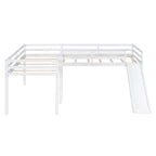 L-Shaped Twin Size Loft Bed with Ladder and Slide in White, Solid Pine Wood and MDF Construction