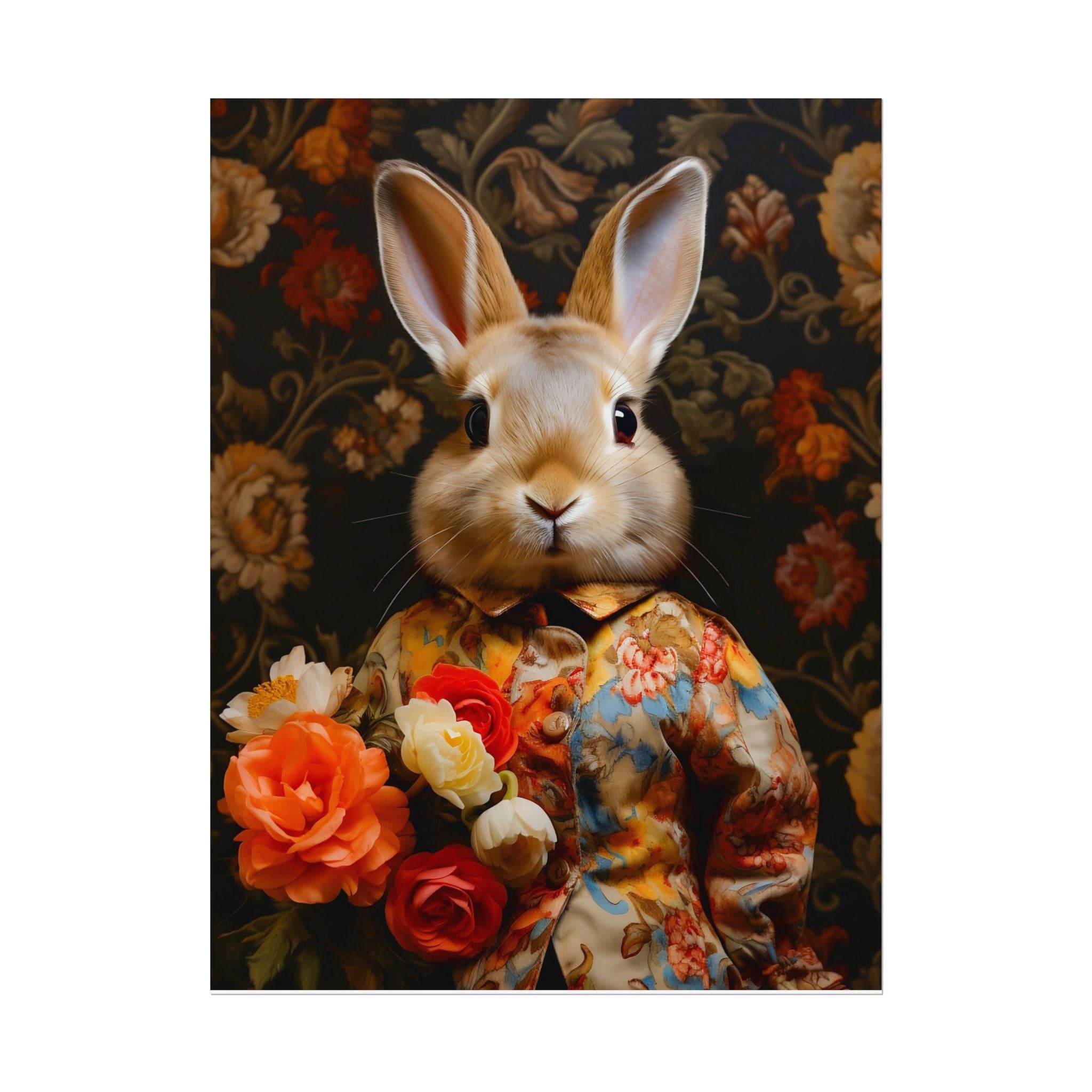 Victorian Bunny Portrait Floral Holding Flowers Art Print