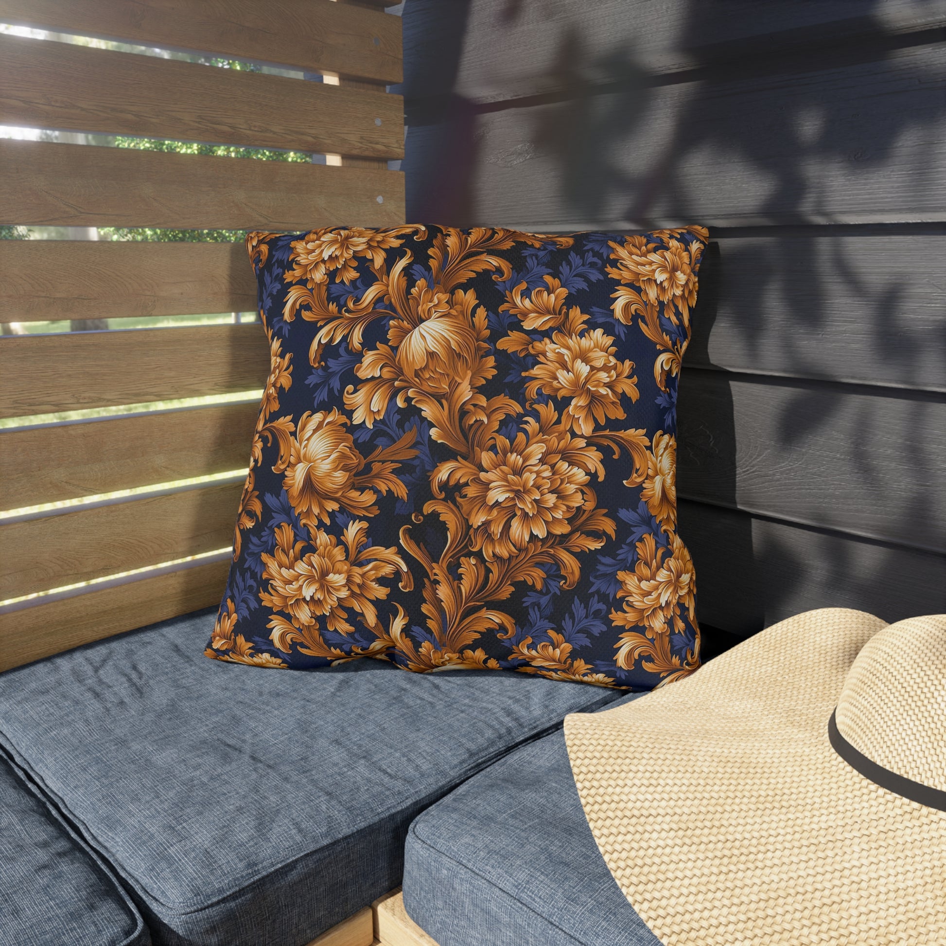 Outdoor Pillows | Gold & Navy Baroque Floral Throw Pattern from The Curated Goose