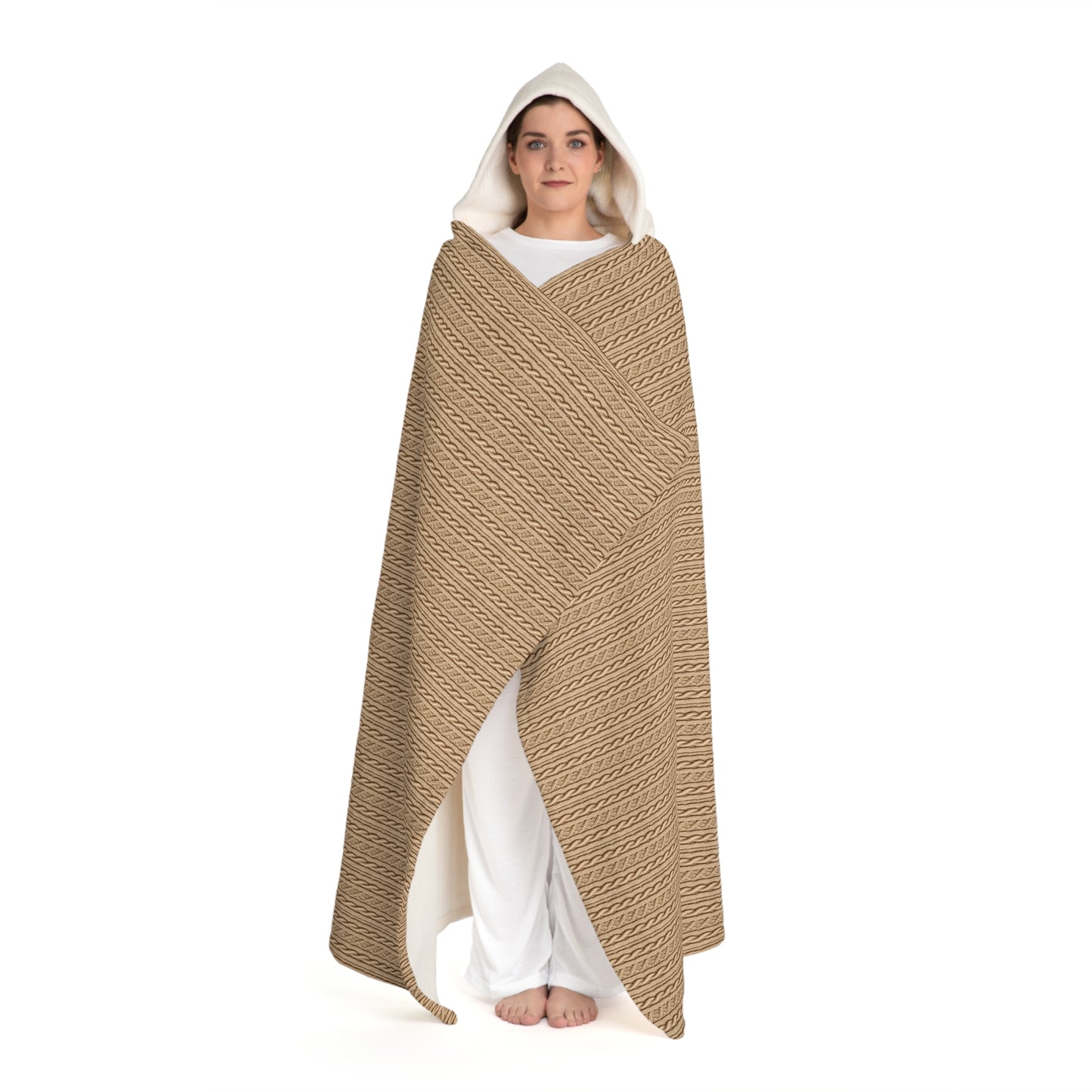 Hooded Sherpa Blanket | Soft Faux Cable Knit Pattern, Tan