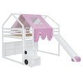 Full Size Wooden Loft Bed with House-shaped Frame and Tent, White+Pink, Plywood+MDF+Pinewood