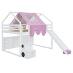 Full Size Wooden Loft Bed with House-shaped Frame and Tent, White+Pink, Plywood+MDF+Pinewood