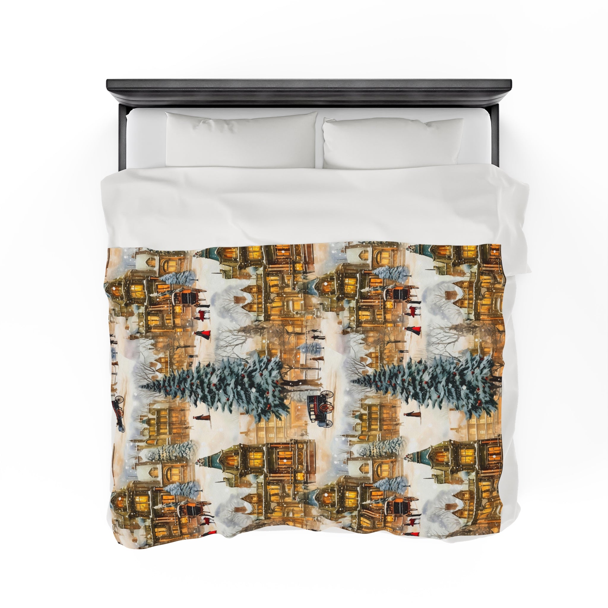 Velveteen Plush Blanket | Victorian Town Gold Winter Village from The Curated Goose