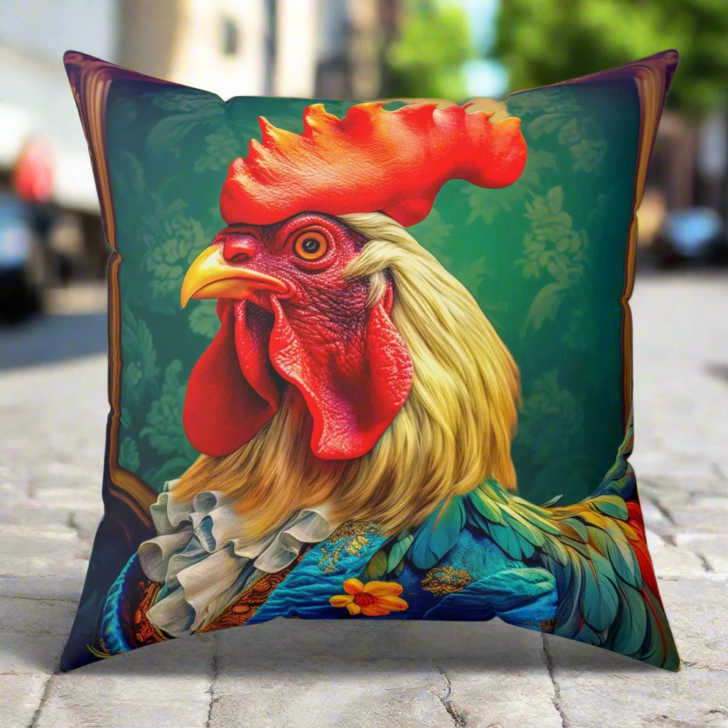 Faux Suede Square Pillow | Colorful Renaissance Rooster Throw Pillow