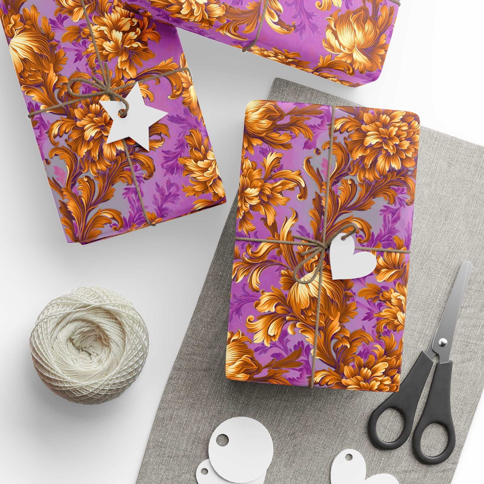 Baroque Beauty Wrapping Paper Rolls – Luxurious Purple & Gold Floral Elegance