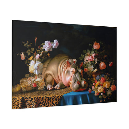 Whimsical Hippo Canvas Art, Tranquil Home Decor Fine Art Print, Animal Wall Art, Unique Gift, Floral Decor, Cheetah Print