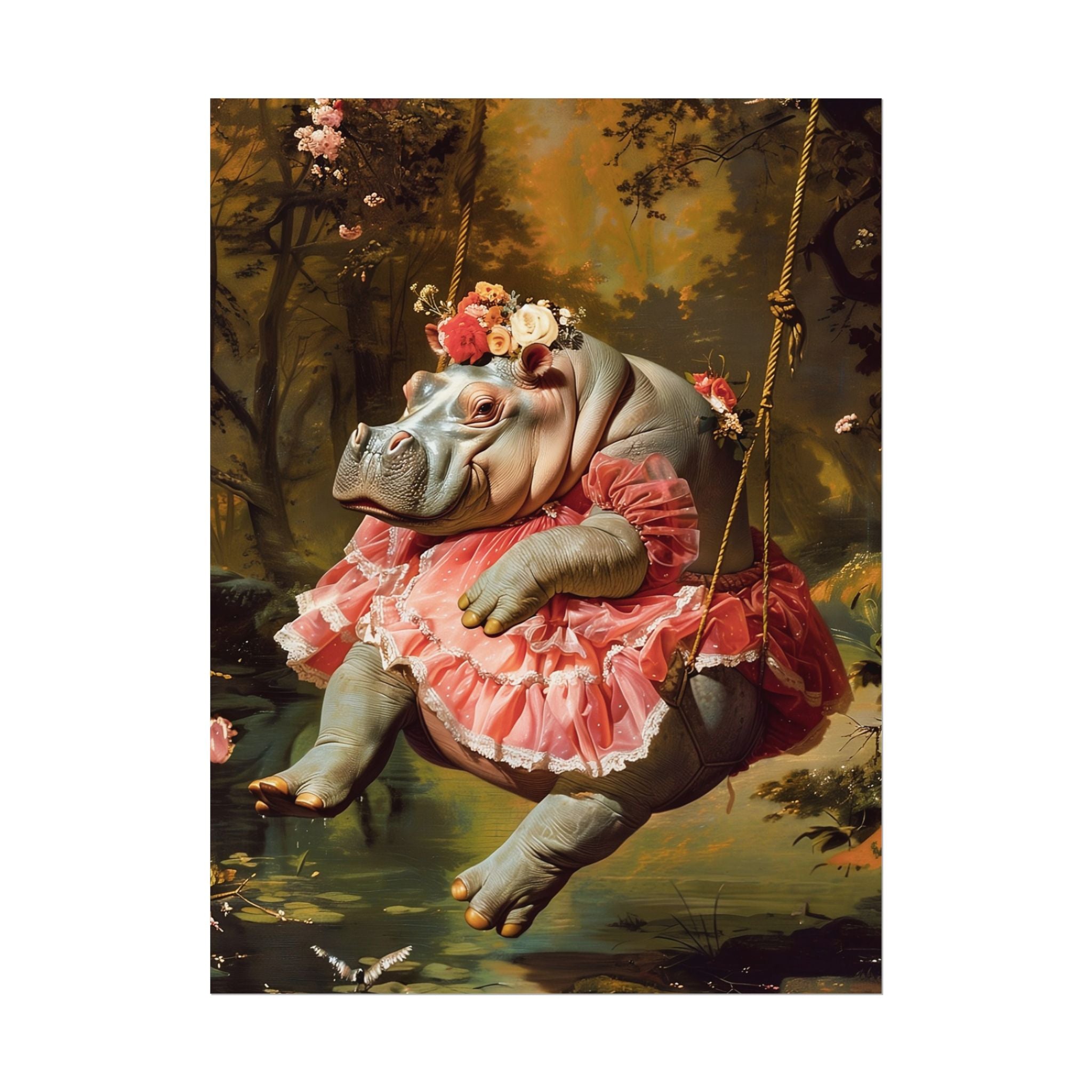 Lady Hippo on Swing | Rococo Style Fine Art Print (Rolled)