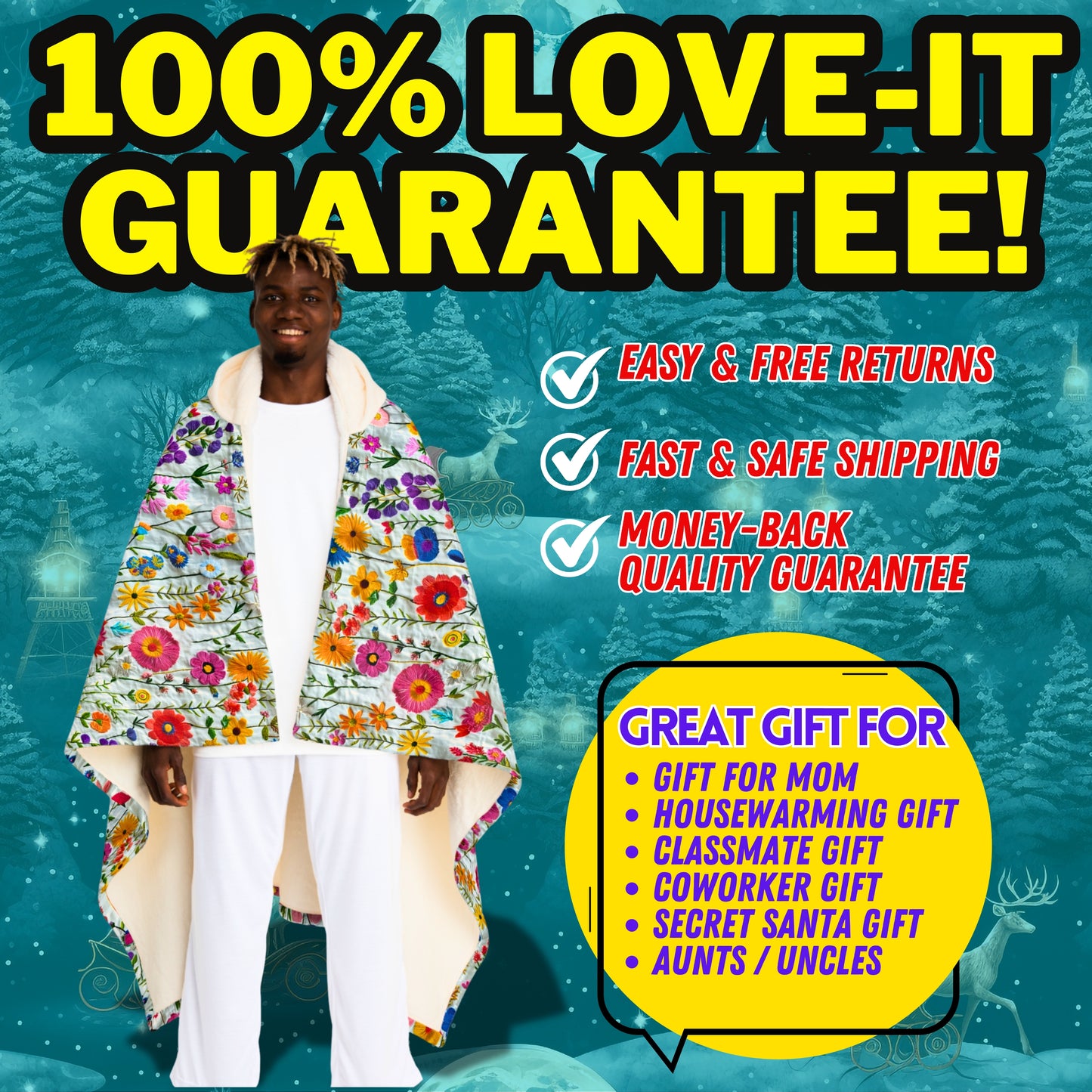 Hooded Sherpa Blanket | Faux Embroidery Flowers