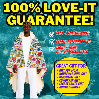 Hooded Sherpa Blanket | Faux Embroidery Flowers