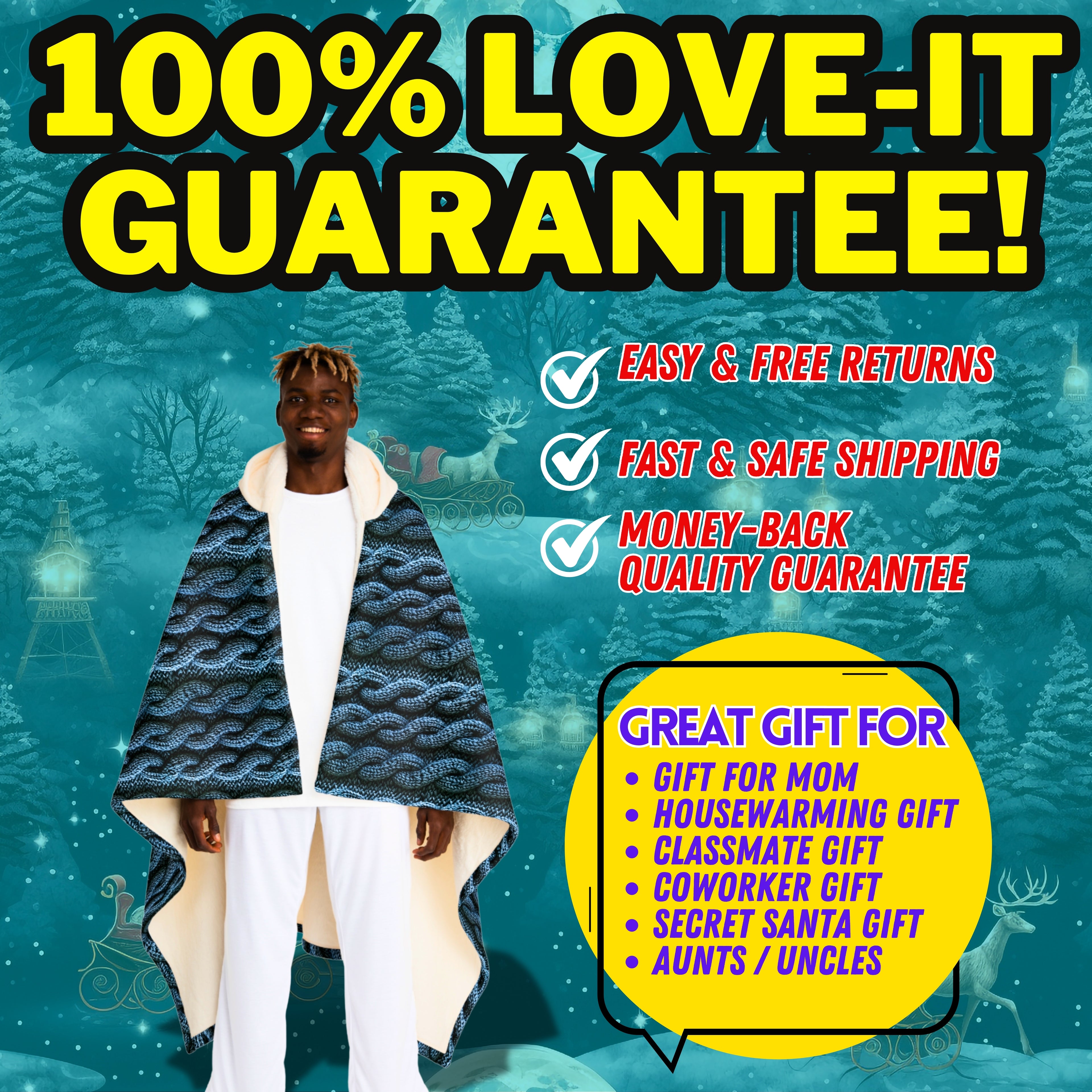 Faux Cable Knit Hooded Sherpa Blanket - Blue
