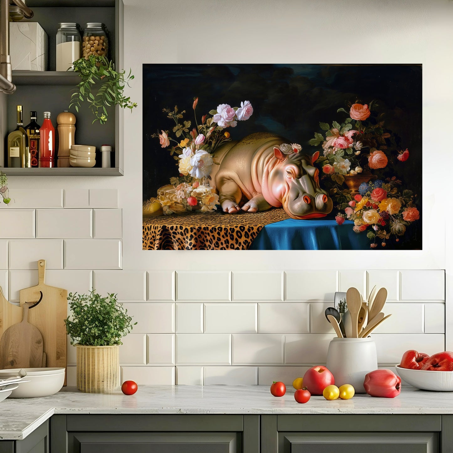 Whimsical Hippo Canvas Art, Tranquil Home Decor Fine Art Print, Animal Wall Art, Unique Gift, Floral Decor, Cheetah Print