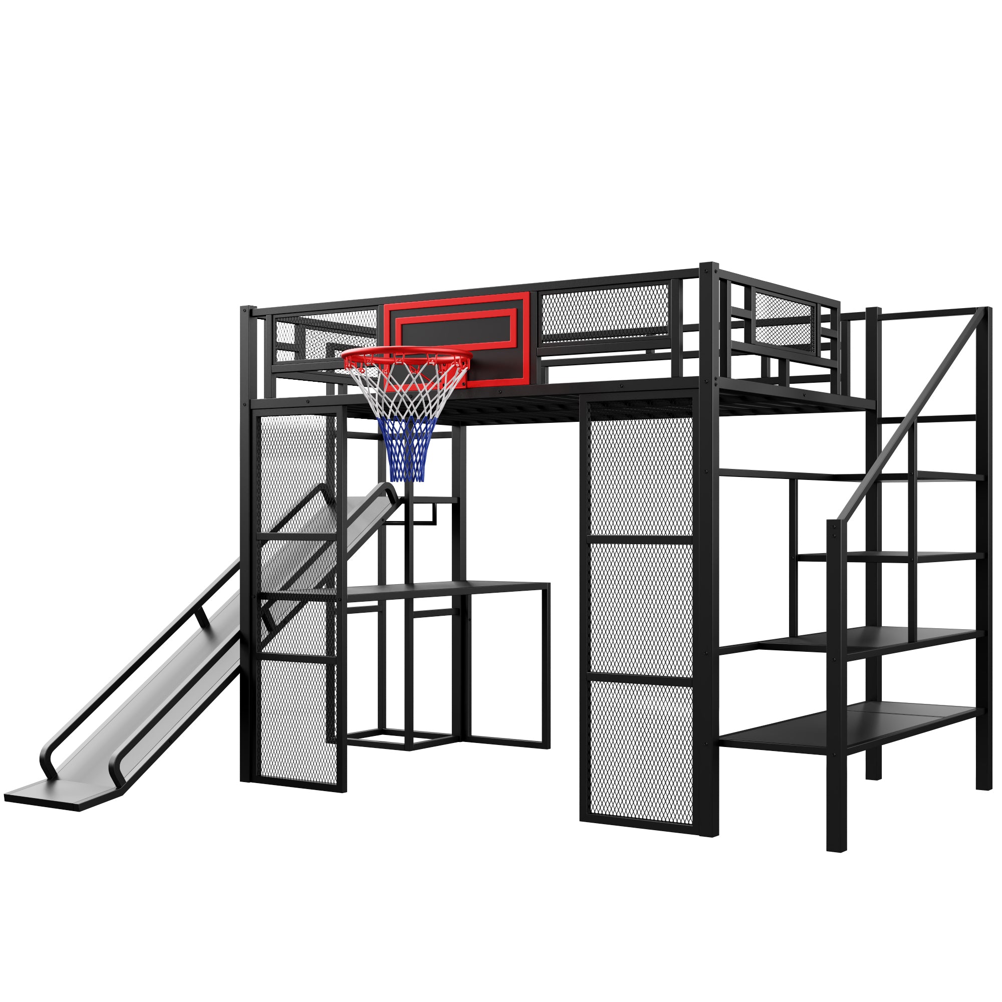 Full Size Metal Loft Bed with Built-in Desk, Open Wardrobe, Basketball Hoop, Slide and Staircase in Black Metal and MDF