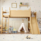 Twin Loft Bed with Storage Shelves and Wardrobe, Solid Wood Loft Beds with Detachable Slide and Ladders, No Spring Box Needed,Natural.(Patent Protection)