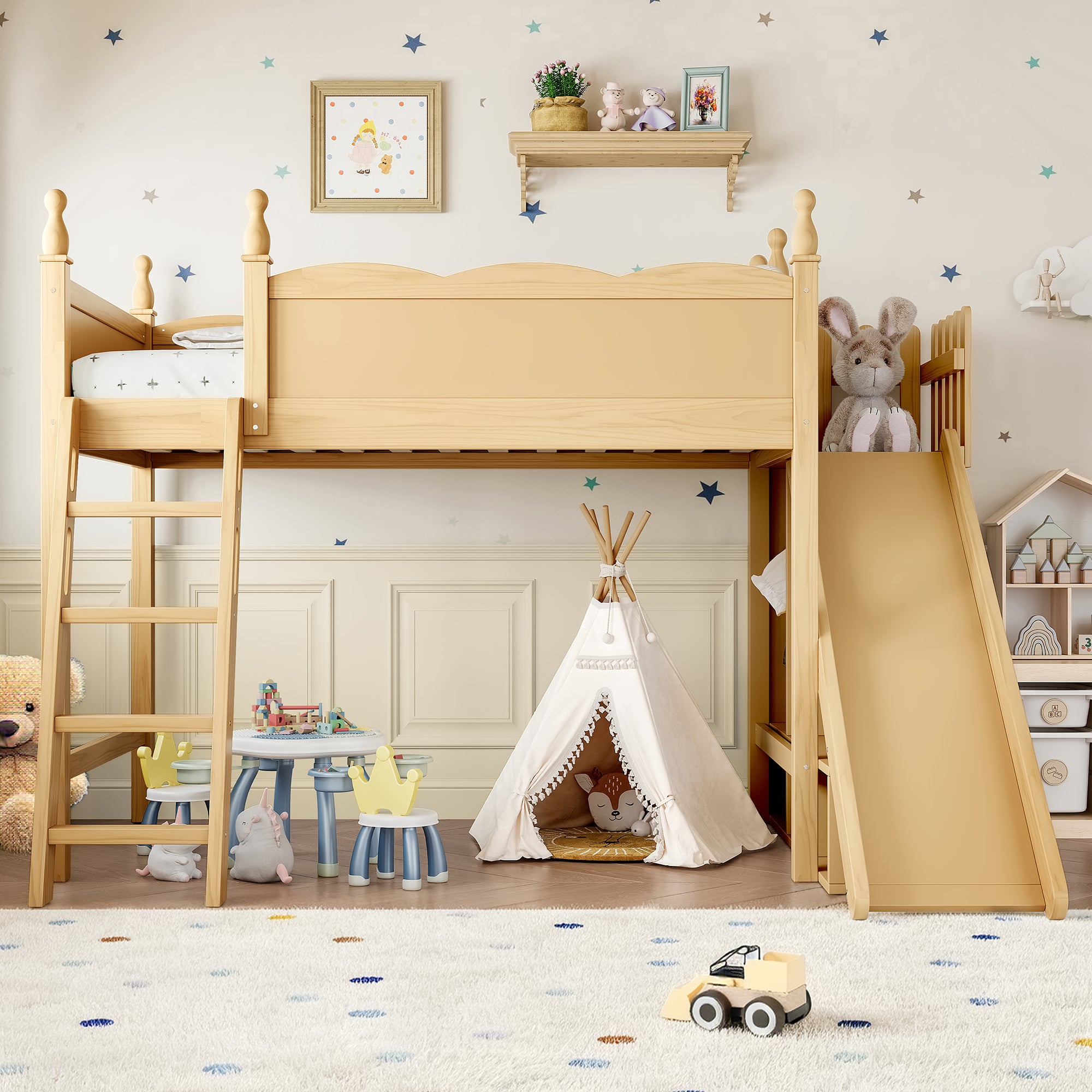 Twin Loft Bed with Storage Shelves and Wardrobe, Solid Wood Loft Beds with Detachable Slide and Ladders, No Spring Box Needed,Natural.(Patent Protection)