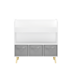 Modern Kids Bookshelf with 3 Fabric Bins, White and Gray Storage Shelf for Toys and Books, Ideal for Playroom, Bedroom, or Nursery
