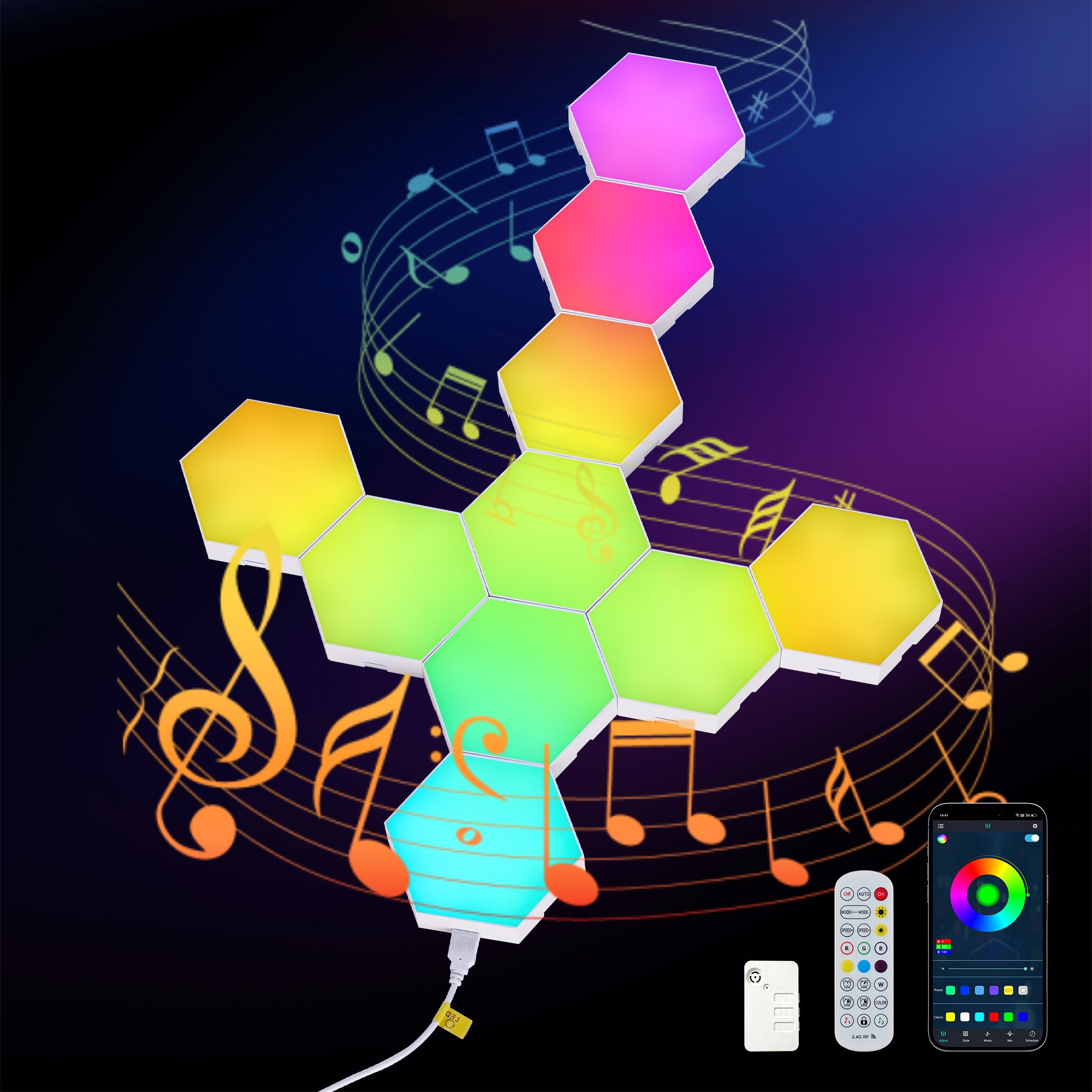 Hexagon Lights (10 Pack) LED Wall Panels, RGB Gaming Lights with APP, Smart Modular Panel Hex Tiles Push Glide Expansion Shapes Light