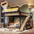 Queen Size Loft Bed with Slide, Storage Shelves and Built-in Wardrobe, Metal Loft Bed Frame with USB Ports and LED Lights, with Pegboard, Safety and Solid, Natural