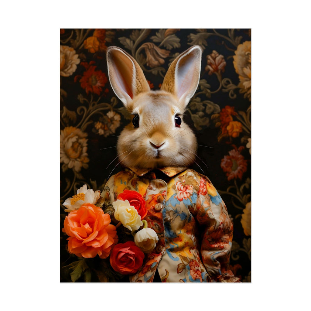 Victorian Bunny Portrait Floral Holding Flowers Art Print