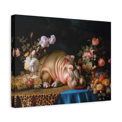 Whimsical Hippo Canvas Art, Tranquil Home Decor Fine Art Print, Animal Wall Art, Unique Gift, Floral Decor, Cheetah Print