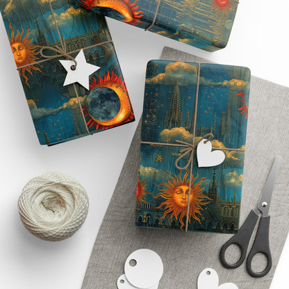 Celestial Sun and Moon Wrapping Paper – Colorful, Ethereal, and Uniquely Beautiful