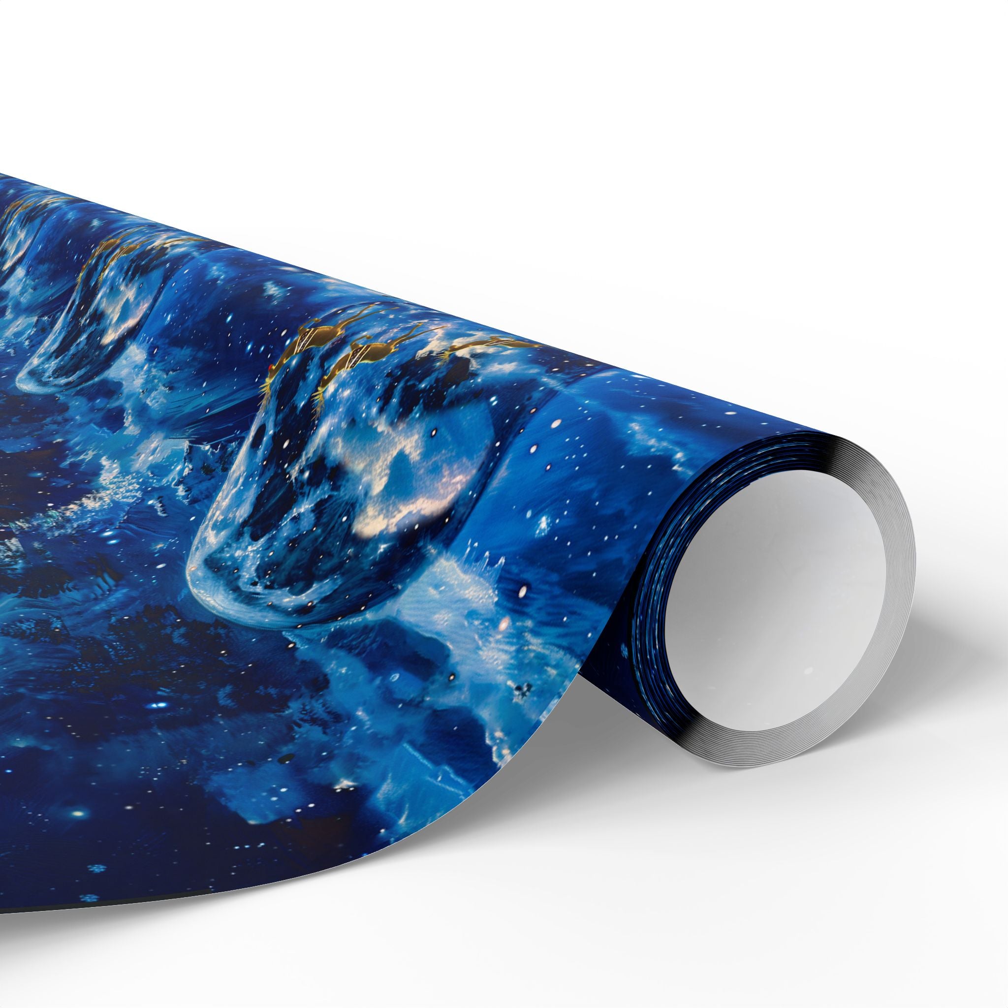 Santa Moon Lit Sleigh Ride Wrapping Paper Rolls – Dreamlike Christmas Magic with Golden Reindeer